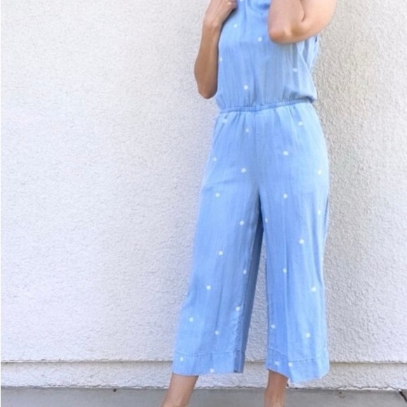 Anthropologie Cloth & Stone Chambray Polka Dot Jumpsuit Cropped Wide Leg - Picture 1 of 9